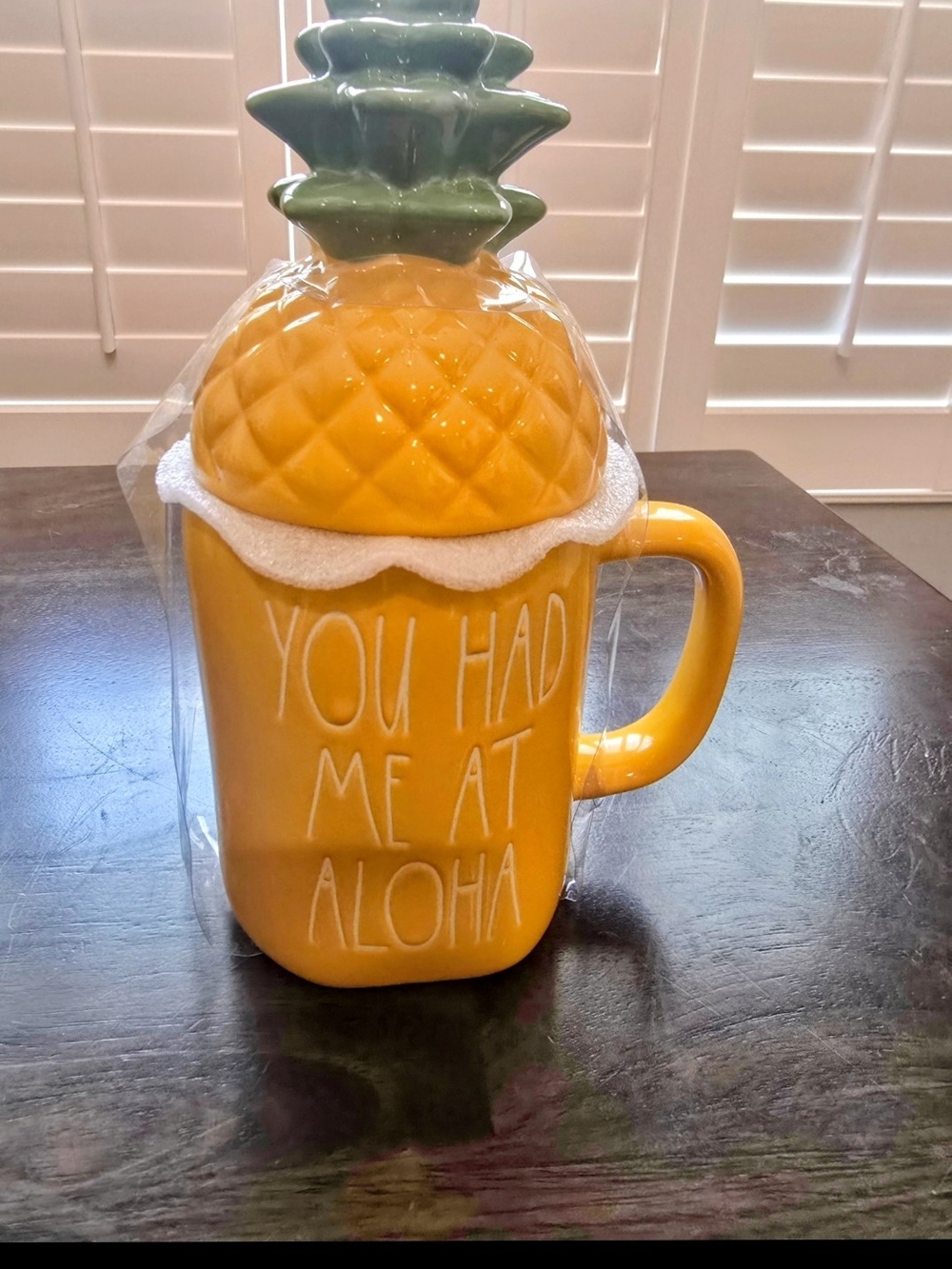 Rae Dunn Yellow Pineapple Mug with Green Top - "You Had Me At Aloha"